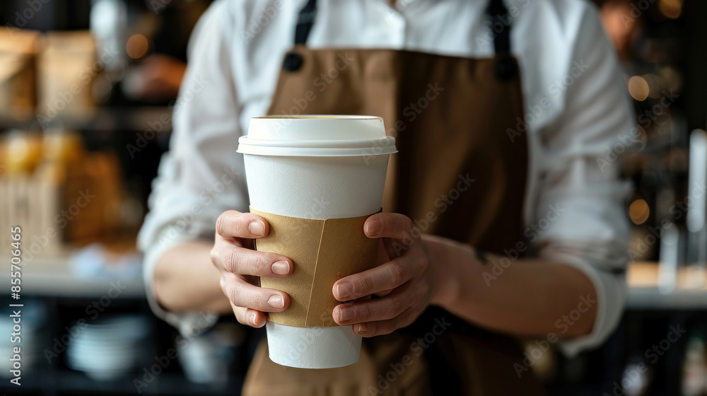A barista in a uniform holds a hot cappuccino in a white paper cup, ready to go from a coffee shop. A barista in a uniform holds a hot cappuccino in a white paper cup, ready to go from a coffee shop.