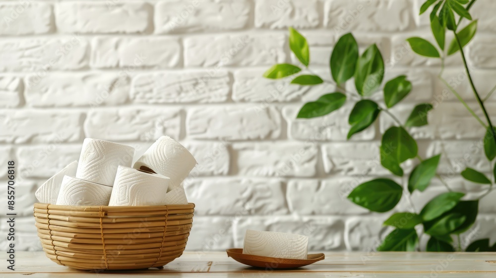 rolls and a loaf of bread on a table against a white brick wall background, complemented by toilet paper in a basket and a green leaf, bathed in natural light with soft shadows. rolls and a loaf of bread on a table against a white brick wall background, complemented by toilet paper in a basket and a green leaf, bathed in natural light with soft shadows.
