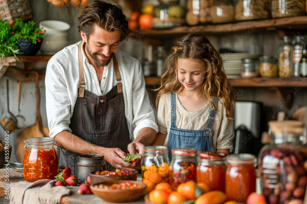 Father and daughter bonding while canning fresh vegetables in a rustic kitchen, surrounded by jars of colorful preserves Father and daughter bonding while canning fresh vegetables in a rustic kitchen, surrounded by jars of colorful preserves