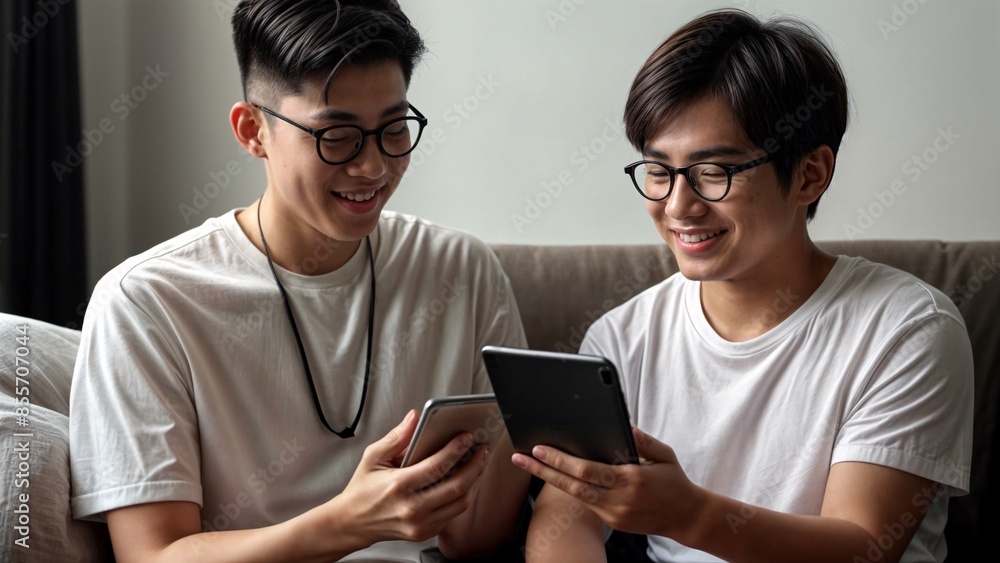 asian couple smiling, sitting on the sofa looking at their electronic devices asian couple smiling, sitting on the sofa looking at their electronic devices