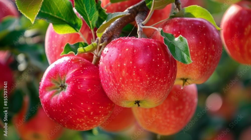 A cluster of ripe red apples hanging from a branch in an orchard, ready for harvest. A cluster of ripe red apples hanging from a branch in an orchard, ready for harvest.