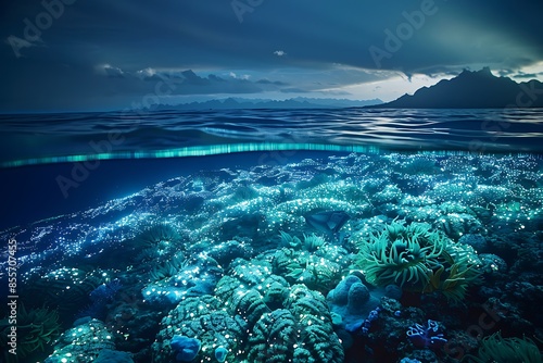 An Apex coral reef, teeming with bioluminescent life under the oceana??s surface photo