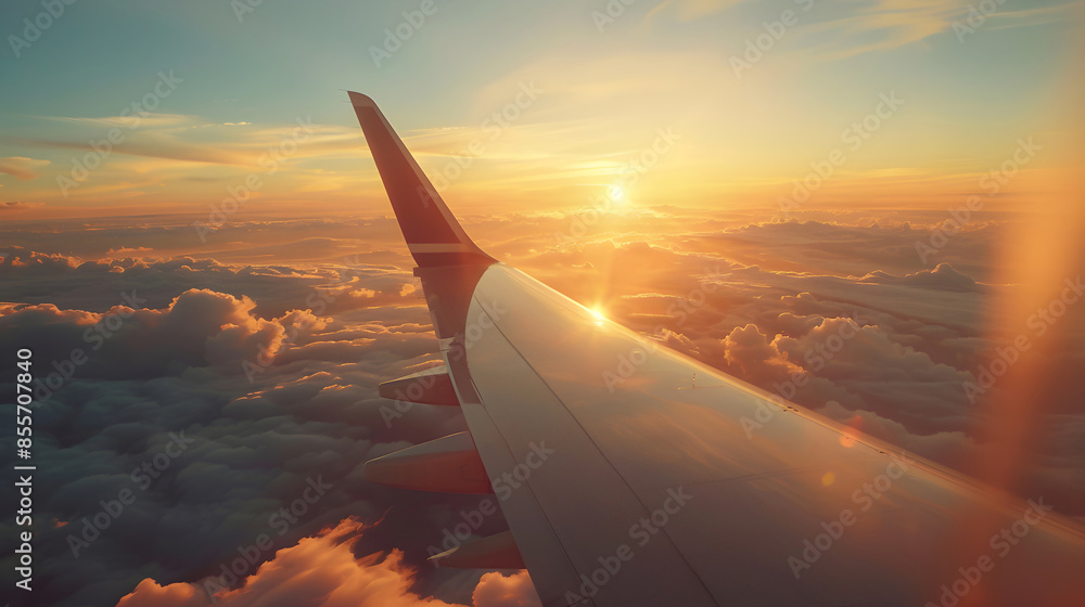 Airplane wing soaring above sunset clouds. Generative by AI Airplane wing soaring above sunset clouds. Generative by AI