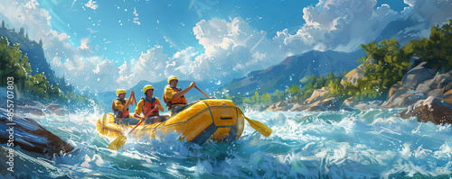 A family embarking on a thrilling whitewater rafting adventure down a rushing river, navigating through exhilarating rapids. photo