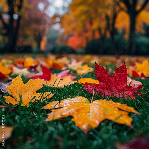 Colorful autumn leaves scattered on the grass2 photo