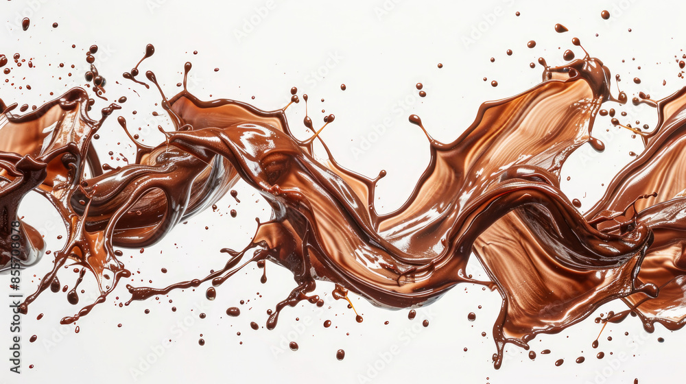 Chocolate swirling and splashing in the air, set against a white background. Chocolate swirling and splashing in the air, set against a white background.