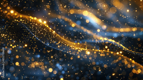 Abstract image of sparkling gold and blue particles, appearing like a luminous wave