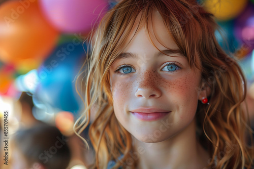 A close-up portrait of a young boy with bright blue eyes and a warm smile, captured amidst a backdrop of colorful balloons. Her freckled skin and playful expression radiate happiness