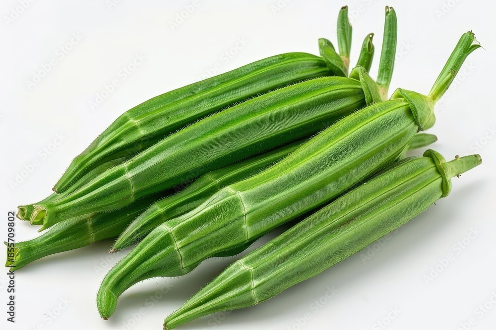 A realistic okra, fresh vegetable, detailed green pods, isolated on white background A realistic okra, fresh vegetable, detailed green pods, isolated on white background