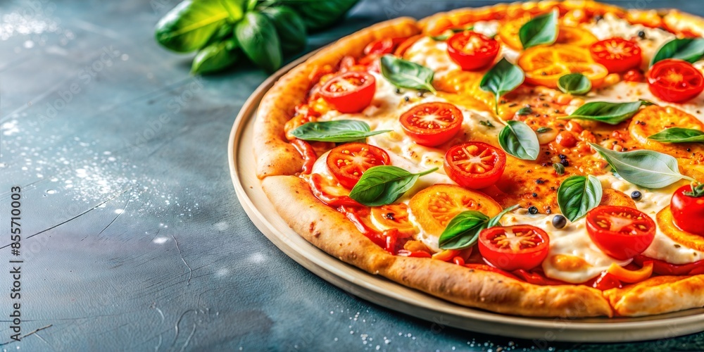 Fresh pizza on a gray stone countertop. Fresh pizza on a gray stone countertop.