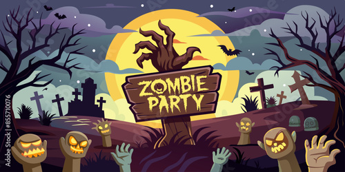 Zombie party in cemetery with hands coming out of ground