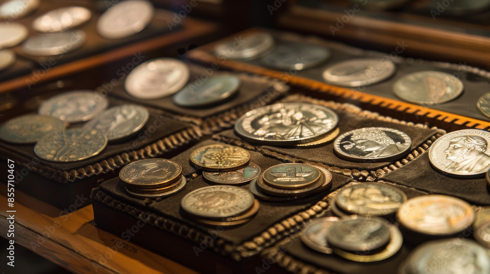 Commemorative medals and Brazilian coins are on display at the Casa dos Contos museum in Ouro Preto, Brazil. This showcases the city's cultural and historical heritage. Commemorative medals and Brazilian coins are on display at the Casa dos Contos museum in Ouro Preto, Brazil. This showcases the city's cultural and historical heritage.
