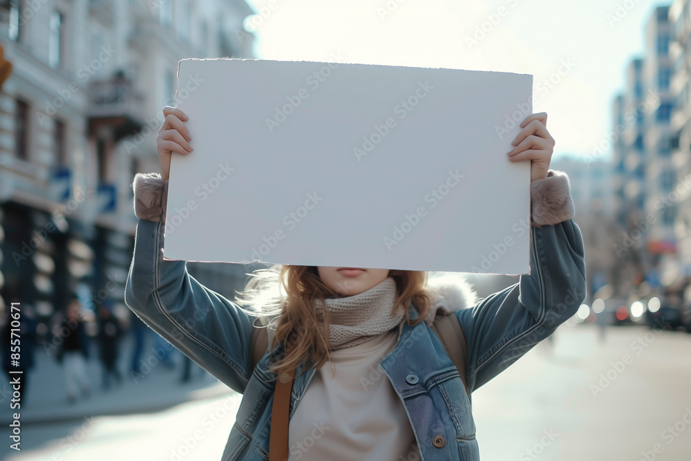 A young woman holds a blank poster above her head in the city center symbolizing student protests. Banner with copy space
