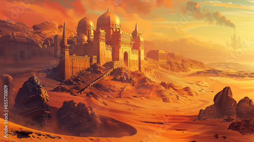 A desert scene with a castle in the background. The castle is surrounded by rocks and the sky is orange photo