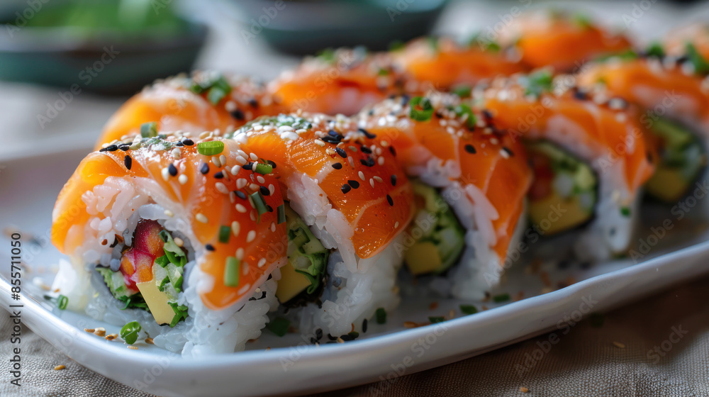 A close-up of fresh salmon sushi rolls topped with sesame seeds and green onions on a white plate A close-up of fresh salmon sushi rolls topped with sesame seeds and green onions on a white plate