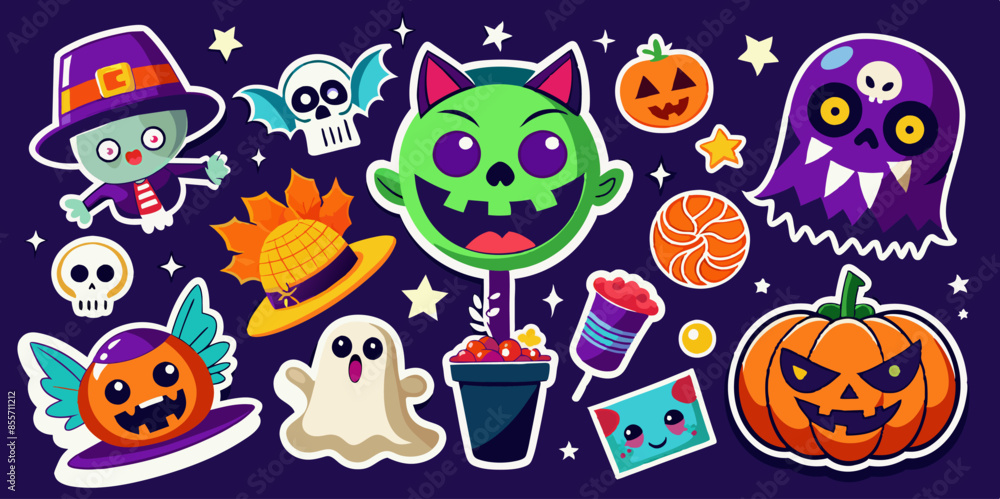 Obraz premium A collection of Halloween stickers displayed on a purple backdrop