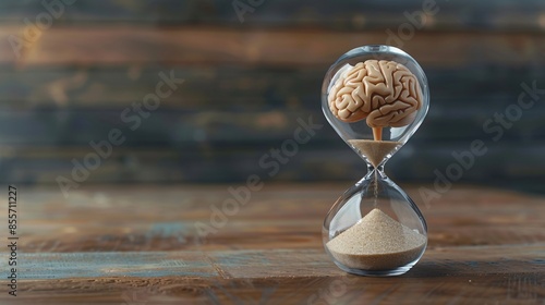 An hourglass contains a human brain in its upper chamber, with sand slowly trickling down, symbolizing the passage of time and the inevitable aging process. This powerful visual represents concepts