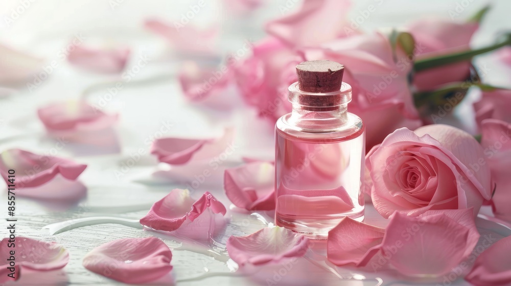 A bottle of rose oil with pink roses A bottle of rose oil with pink roses