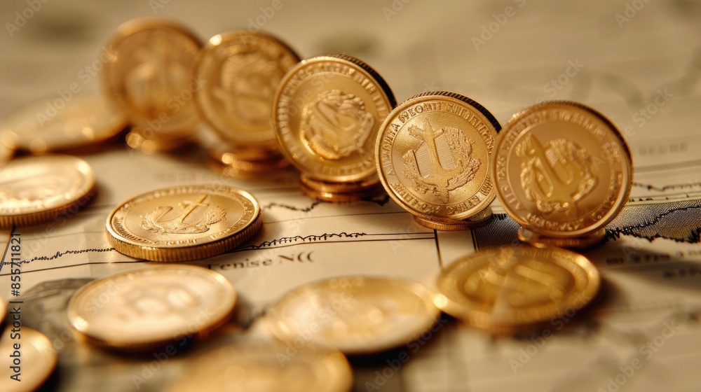 Upward Trend Line Graph with Gold Coins Foreground Upward Trend Line Graph with Gold Coins Foreground