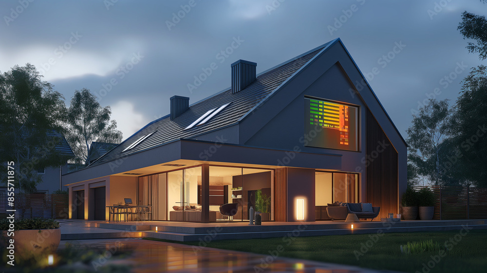 3d digitales Haussymbol mit Energieskala Energieverbrauch auf Display ablesen Tablet Smart Home Steuerung und Auswertung Generative AI 3d digitales Haussymbol mit Energieskala Energieverbrauch auf Display ablesen Tablet Smart Home Steuerung und Auswertung Generative AI