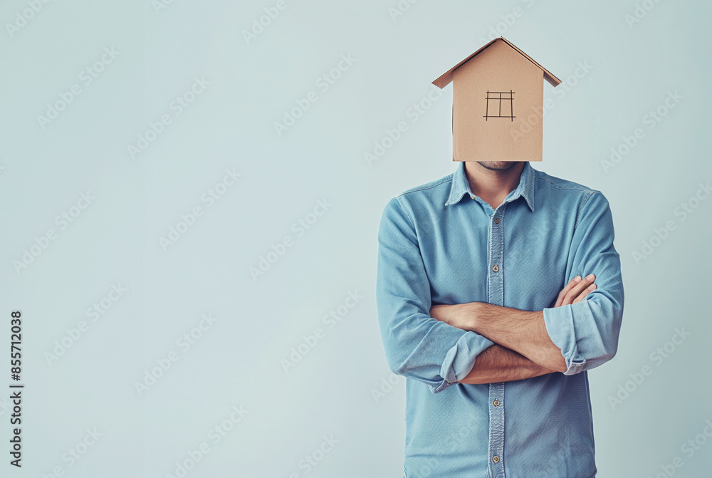 Man with cardboard house on head representing mortgage, credit, bank debts, financial stress concept Man with cardboard house on head representing mortgage, credit, bank debts, financial stress concept