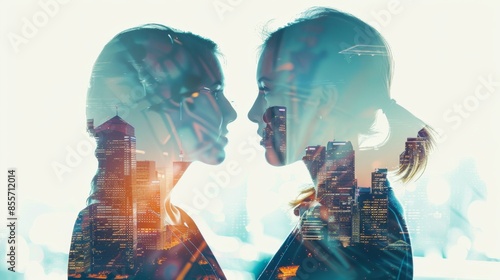 Two Business Professionals Engaging in Conversation with a Double Exposure Effect Showcasing Successful Business Transactions in the Background. Concept of Teamwork, Collaboration, and Positive Lifest photo