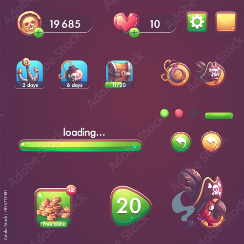 Vector color illustration set of various buttons, bars, items