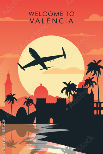 Welcome to Valencia, Spain. Retro city poster with abstract shapes of skyline, buildings, plane flying over. Vintage airlines travel vector illustration