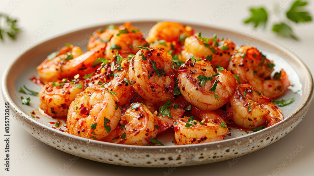 A close-up image of a plate of cooked shrimp with garlic butter, parsley, and red pepper flakes A close-up image of a plate of cooked shrimp with garlic butter, parsley, and red pepper flakes