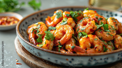 A close-up image of a bowl filled with cooked shrimp, cilantro, and chili peppers