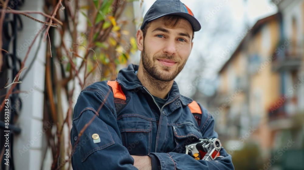 portrait of a cheerful Caucasian electrician or Internet network installer in uniform with a tool near the customer’s house. network and electrical equipment installer portrait of a cheerful Caucasian electrician or Internet network installer in uniform with a tool near the customer’s house. network and electrical equipment installer