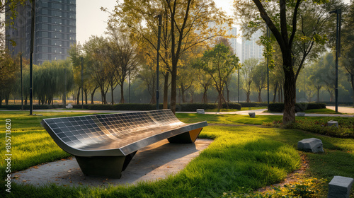 Solarenergie in öffentlichen Parks als Sitzbank Bank Liegefläche aus geschwungenen gebogenen runden anpassungsfähigen Solarmodulen Handy laden im Park Generative AI photo