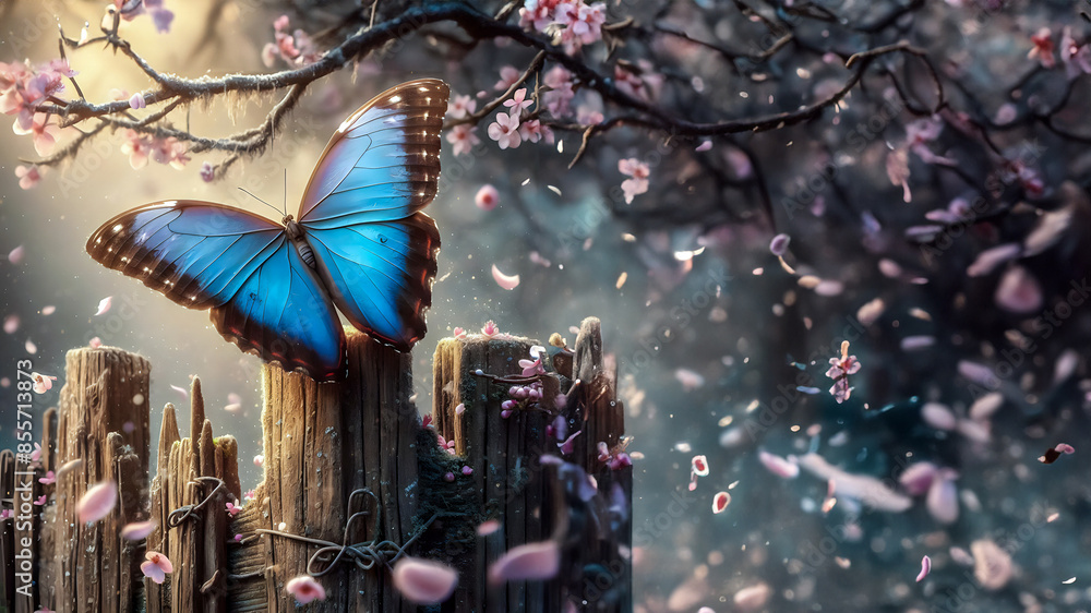 Naklejka premium Blue Morphous Butterfly (Morpho menelaus) on a wooden fence and branches of a tree covered with flowers