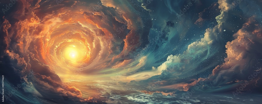Magnificent cosmic artwork depicting a swirling galaxy with bright glowing center Magnificent cosmic artwork depicting a swirling galaxy with bright glowing center