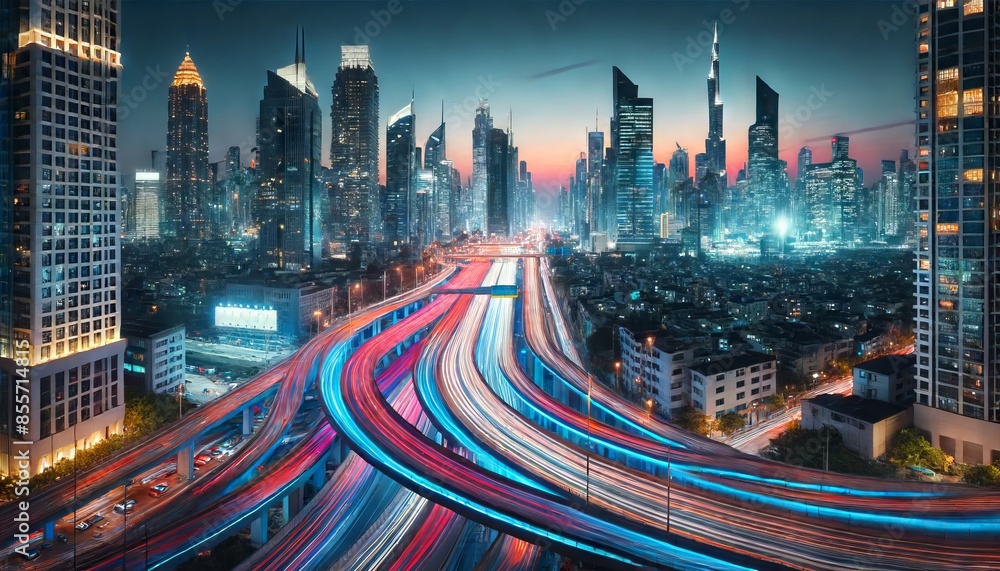 Fototapeta premium Nighttime Cityscape with Traffic Trails