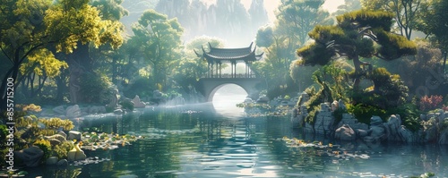 Serene traditional Chinese garden with a bridge over a calm pond surrounded by lush greenery and misty atmosphere. photo