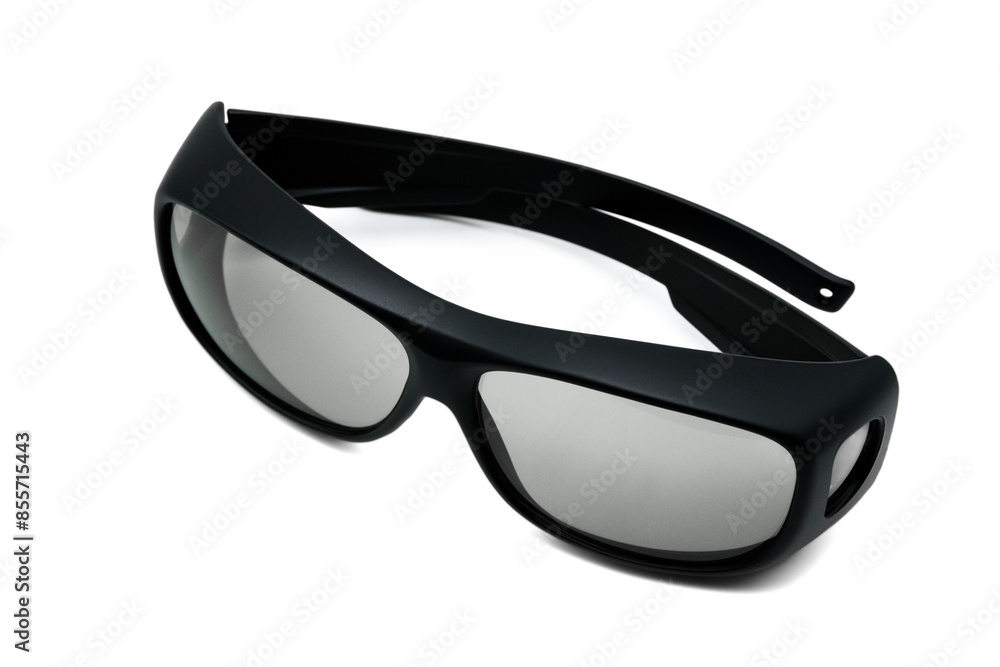Cool black fashion glasses or sports sunglasses with clear gray glass lenses on isolated white background for concept of designing wearable products or accessories. Cool black fashion glasses or sports sunglasses with clear gray glass lenses on isolated white background for concept of designing wearable products or accessories.