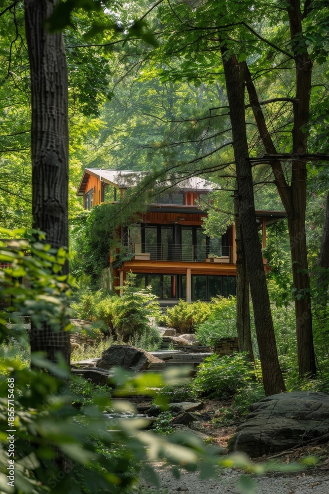 Exterior view of a secluded home surrounded by trees Exterior view of a secluded home surrounded by trees