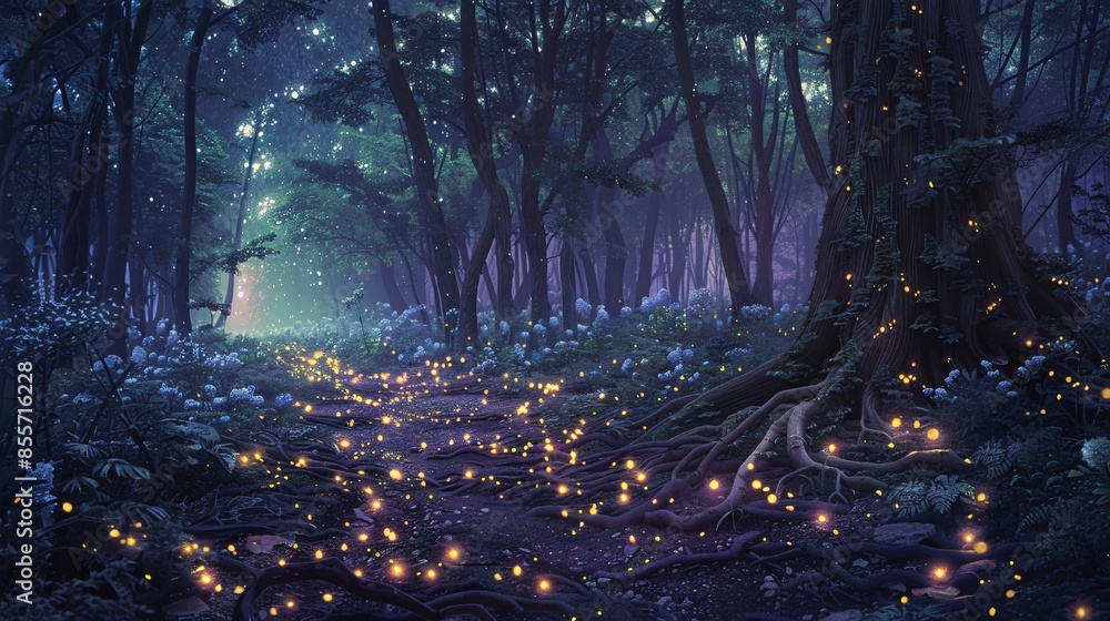 Obraz premium Forest clearing under the night sky filled with enchanting lights, radiating from within the dense foliage and scattered along the forest floor, creating an otherworldly glow that highlights ancient