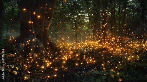 Forest clearing under the night sky filled with enchanting lights, radiating from within the dense foliage and scattered along the forest floor, creating an otherworldly glow that highlights ancient © Sine
