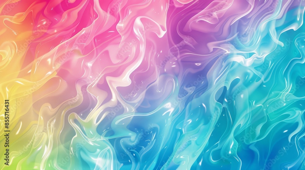 Fototapeta premium Abstract artwork featuring fluid waves in pastel colors of pink, blue, and yellow, creating a vibrant and soothing visual effect.
