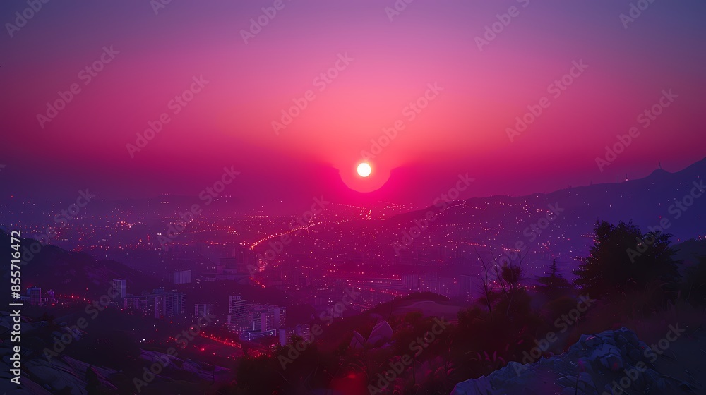 Fototapeta premium Purple city sunset illustration poster background