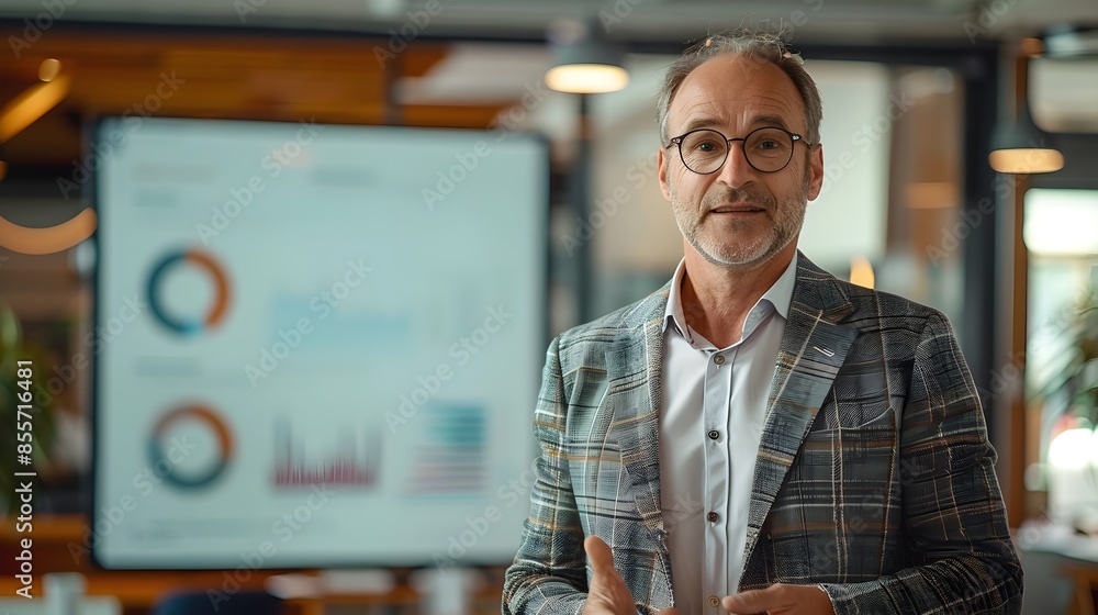 Confident Business Leader Giving Presentation in Modern Office with Digital Whiteboard Confident Business Leader Giving Presentation in Modern Office with Digital Whiteboard