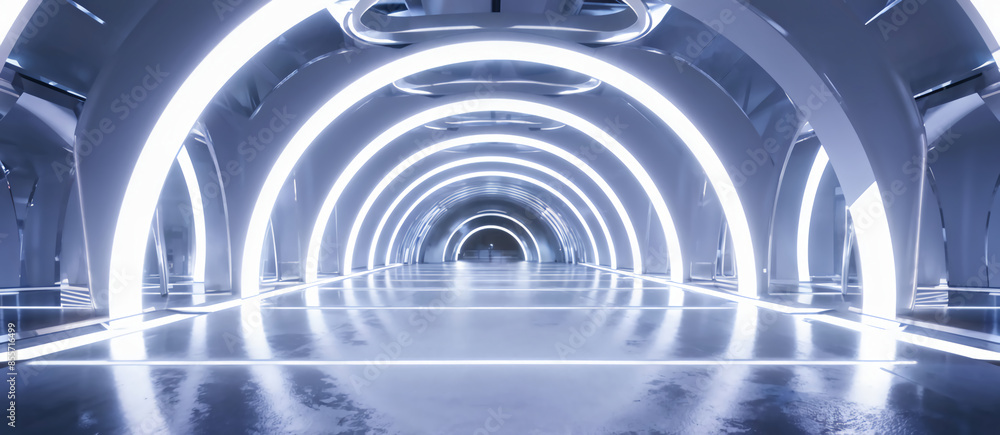 White background 3D room light abstract space technology tunnel stage floor. Empty white future 3D neon background studio futuristic corridor render modern interior silver road black wall design gray White background 3D room light abstract space technology tunnel stage floor. Empty white future 3D neon background studio futuristic corridor render modern interior silver road black wall design gray