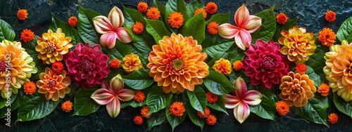 top view of onam festive flowers on dark background on dark background
