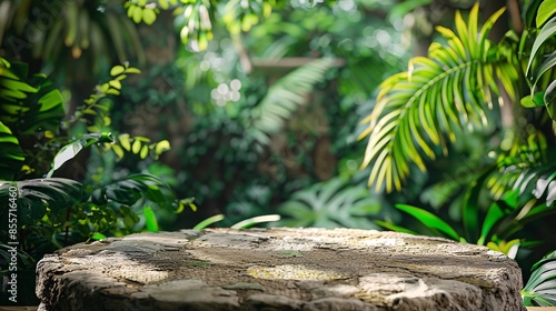 Fototapeta Naklejka Na Ścianę i Meble -  Stone tabletop platform situated in a vibrant tropical garden, featuring a backdrop of blurred green leaves and dense jungle vegetation, with sunlight playing on the stone surface and creating a
