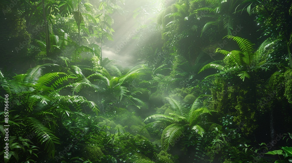 Fototapeta premium Dense greenery with an abundance of moss and ferns in a humid, mist-filled garden, featuring thick undergrowth covered in dew, soft light filtering through the mist, and a sense of serene freshness
