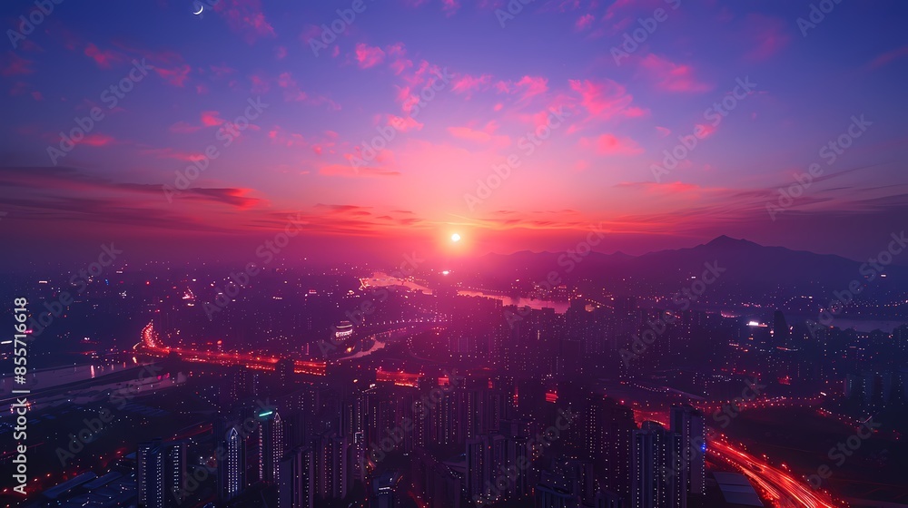 Purple city sunset illustration poster background Purple city sunset illustration poster background