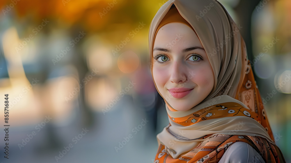 Beautiful Muslim girl in a modern hijab, with a gentle smile and sparkling eyes, captured against a softly blurred, wide background Beautiful Muslim girl in a modern hijab, with a gentle smile and sparkling eyes, captured against a softly blurred, wide background