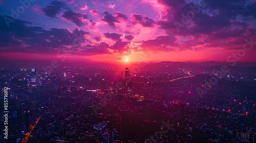 Purple city sunset illustration poster background © jinzhen